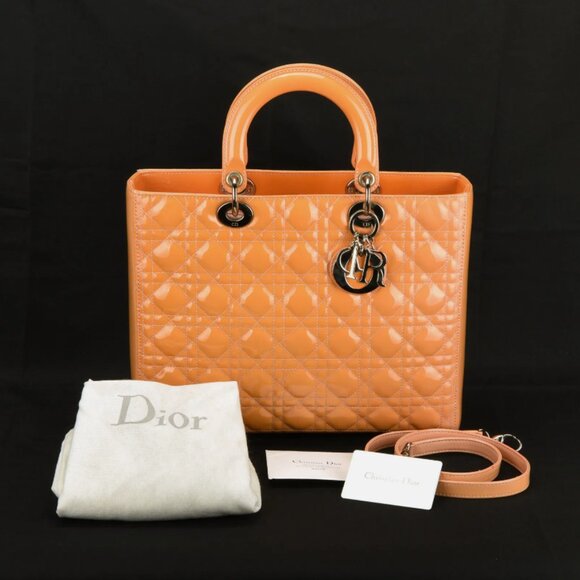 AUTHENTIC CHRISTIAN DIOR PATENT LEATHER QUILTED YELLOW LADY DIOR SATCHEL ITALY - Picture 1 of 16